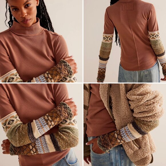 We The Free All Too Well Cuff Turtleneck Top in Raw Umber Combo XS NWT - Picture 2 of 12